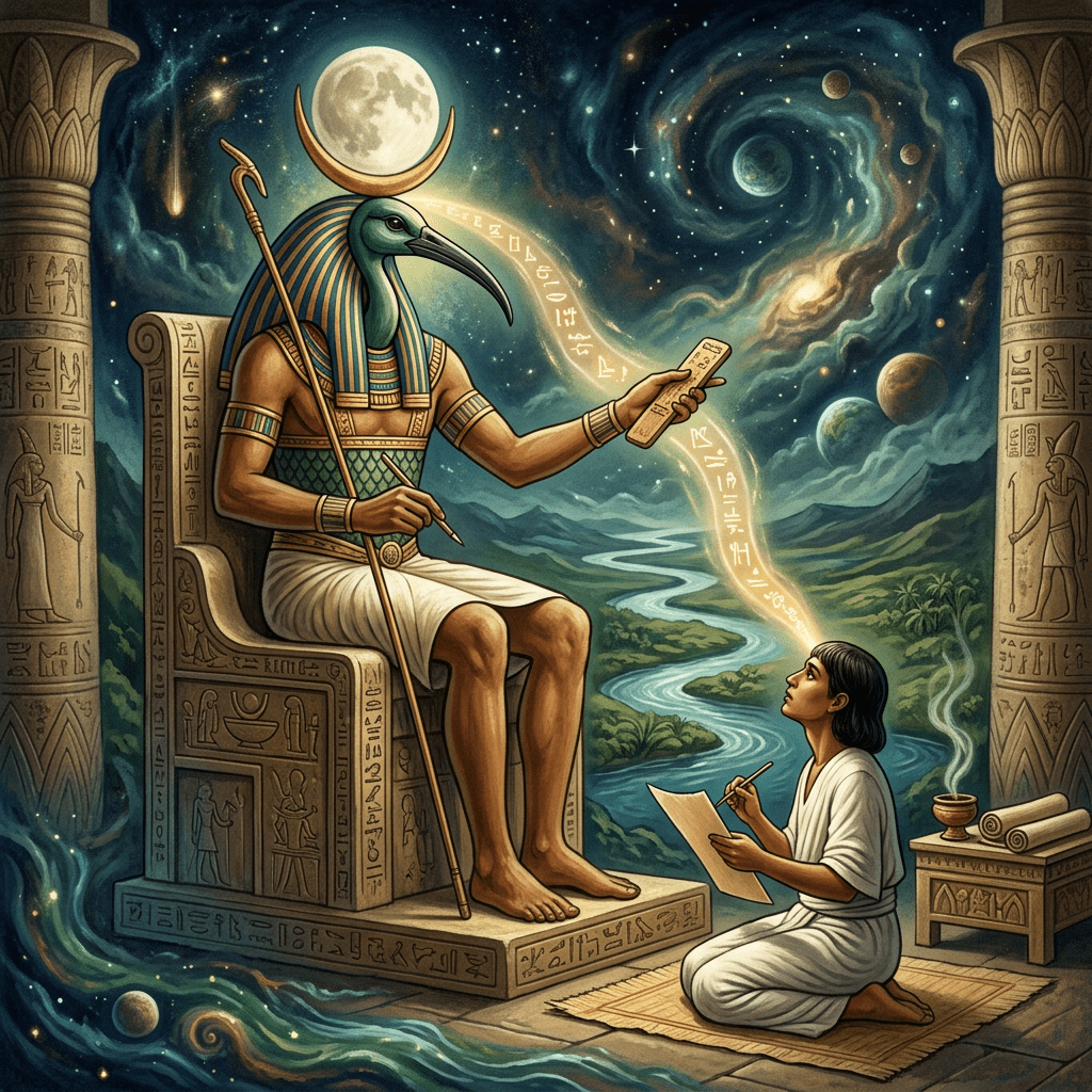 Egyptian god Thoth with ibis head instructing a kneeling scribe surrounded by cosmic and hieroglyphic symbols