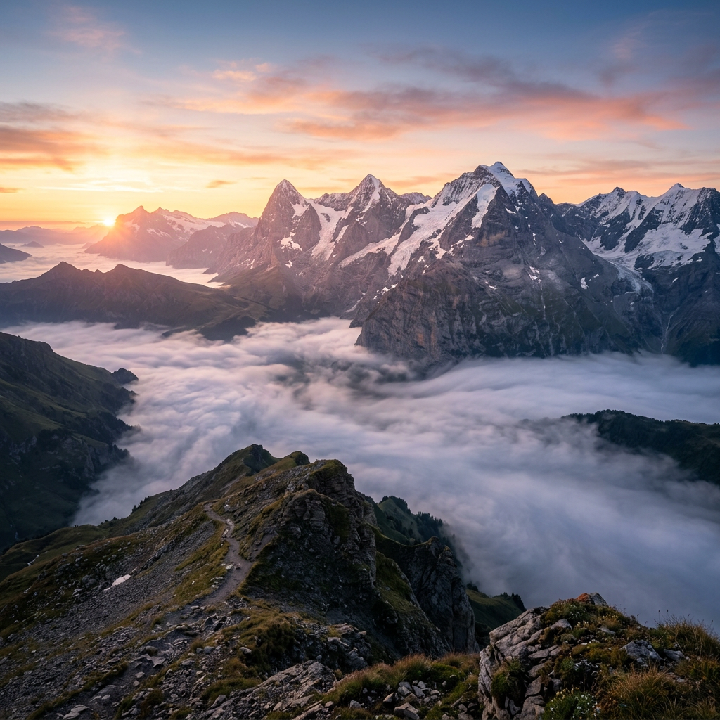 Mountain peaks with snow at sunrise and fog-filled valley