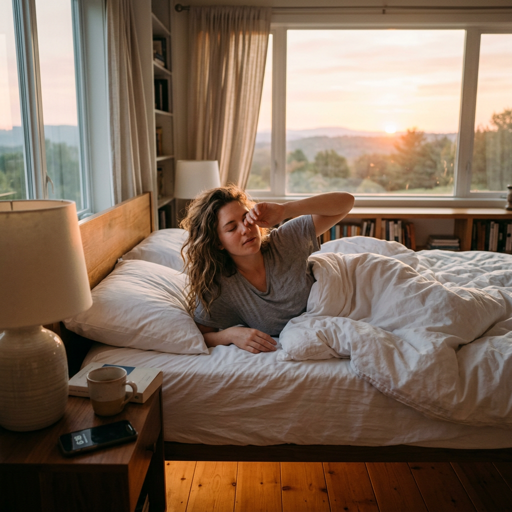 Woman waking up rubbing eyes in bed with sunrise outside window
