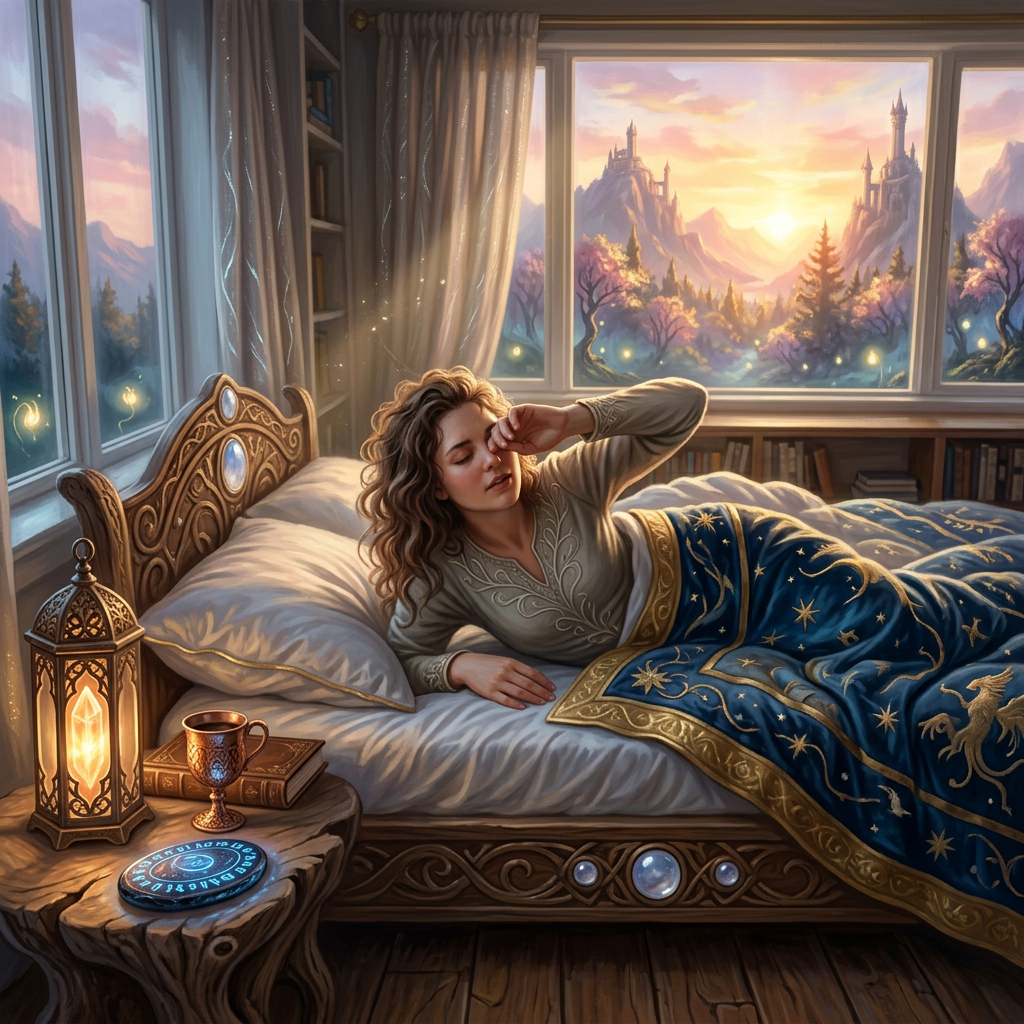 Woman waking up rubbing eyes in bed with sunrise outside window